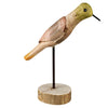 Detailed side view of a wooden parakeet sculpture, highlighting intricate carving and natural wood tones.