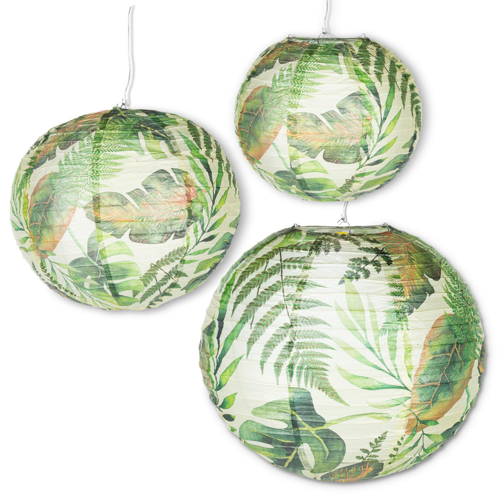 Set of 3 fern print LED paper lanterns in 16, 12, and 10 inch sizes, displayed hanging with soft ambient glow.